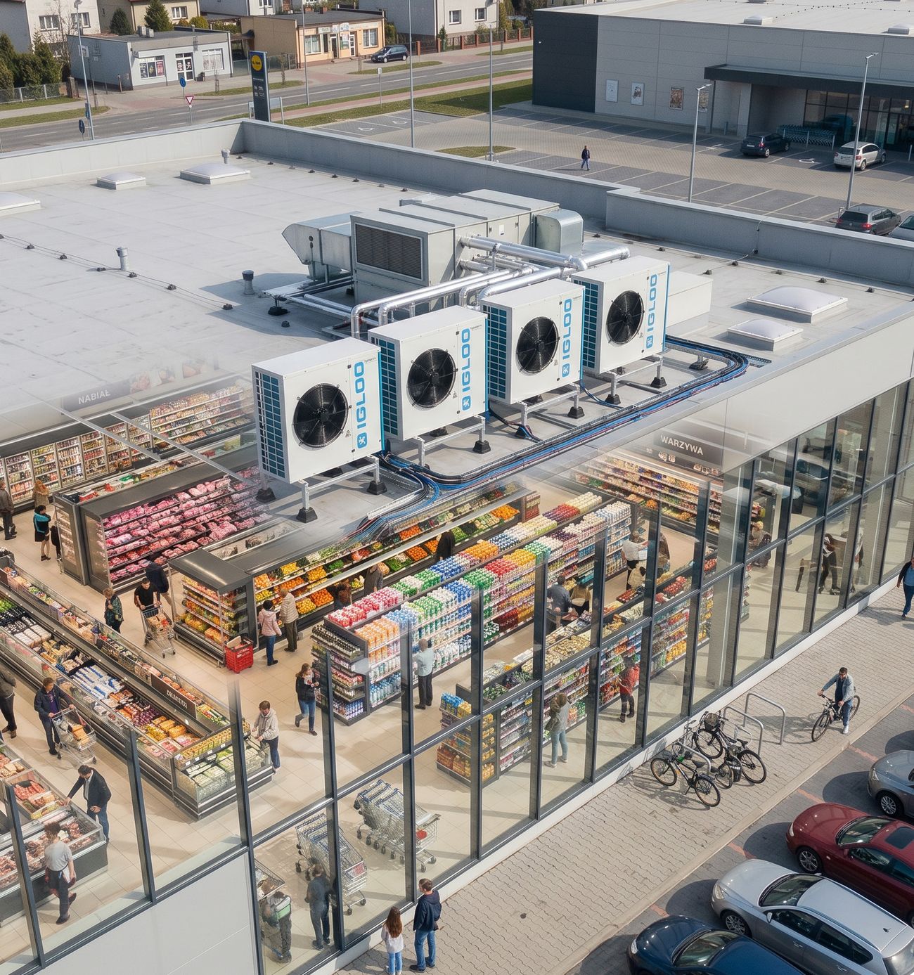 A cascade of MultiFlow chillers on a store rooftop
